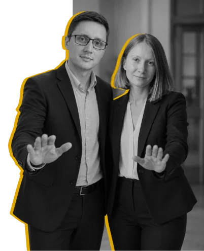 Two authors holding their hands open