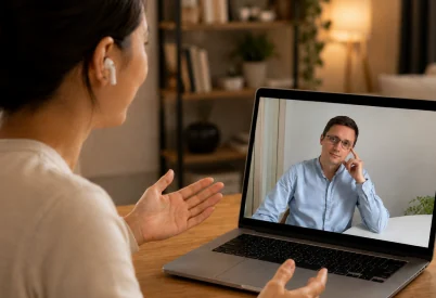 A woman gesturing at a laptop during a video call with a man in a blue shirt