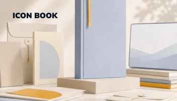 Icon Book — a book display with a tablet, envelopes and printed material arranged around it