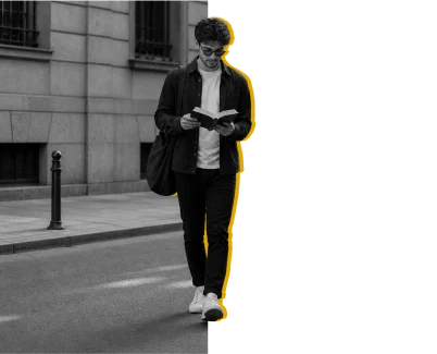 A man walking along a city street reading a book, traced by a hand-drawn amber outline