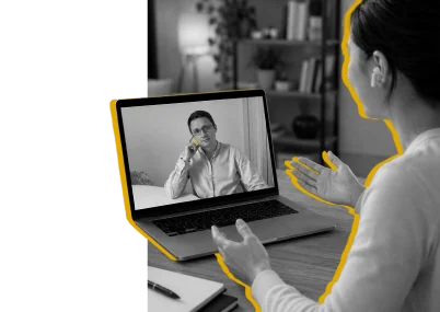 A woman on a video call at her laptop, traced by a hand-drawn amber outline