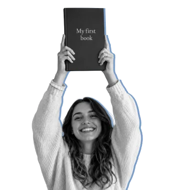 An author holding her first book above her head, traced by a Vista Blue outline